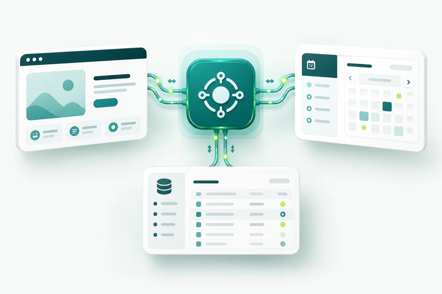separate website, booking application and business database interface cards connected through a central teal integration hub, tiny bidirectional data pulses