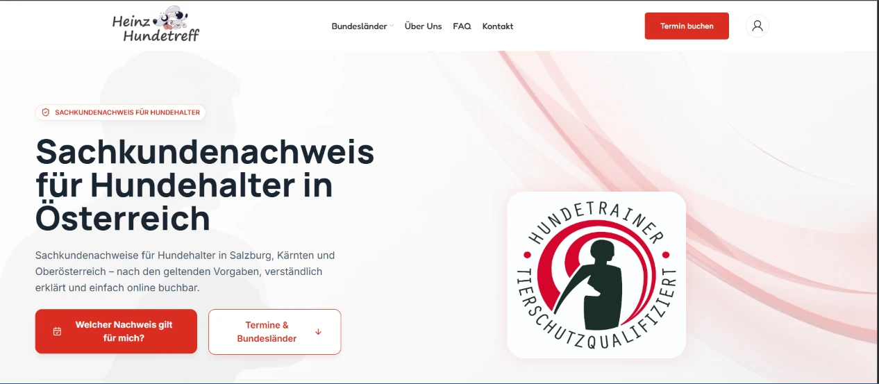 Heinz Hundetreff homepage hero in German, introducing dog-owner knowledge courses in Austria and linking to regional appointments