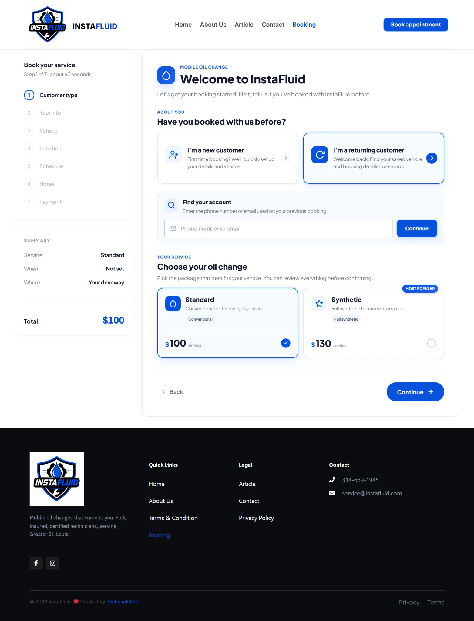 InstaFluid booking interface with a seven-stage progress sidebar, customer selection, service packages and order summary