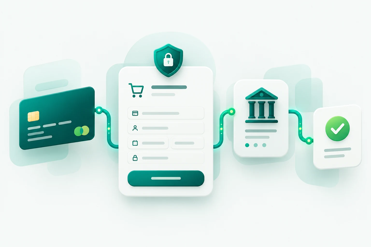 a secure checkout panel, payment card, bank interface and successful transaction check connected by a clean teal payment path