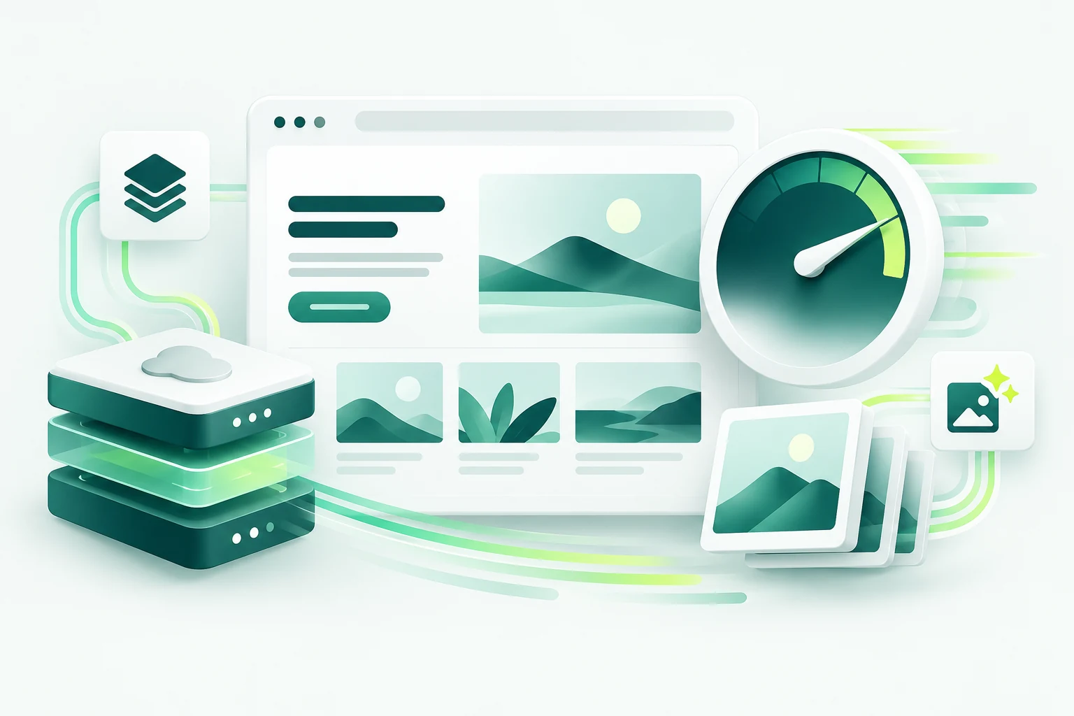 a fast website preview, caching layers, optimized image tiles and a speed gauge; restrained visual motion trails suggesting efficiency