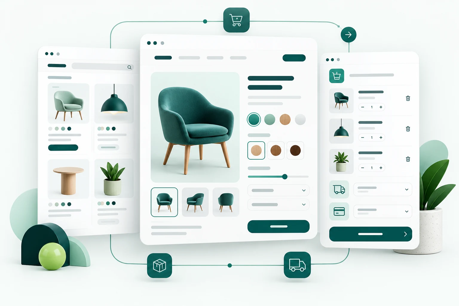 polished online shop product cards with a custom product configurator, cart and checkout interface in three coordinated white panels