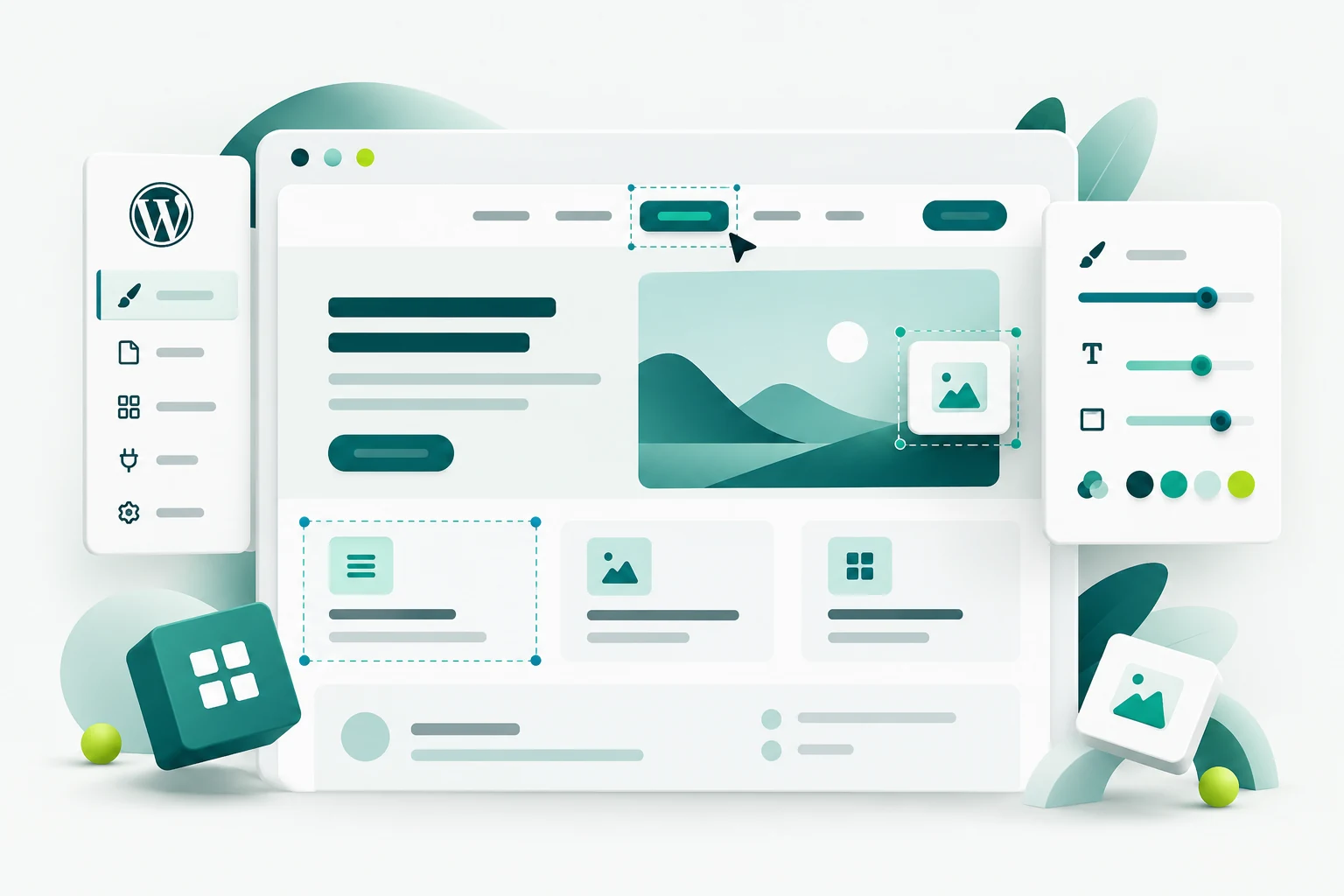 a website canvas with focused highlighted teal changes to navigation, custom form fields and page blocks, a small adjustment panel with sliders