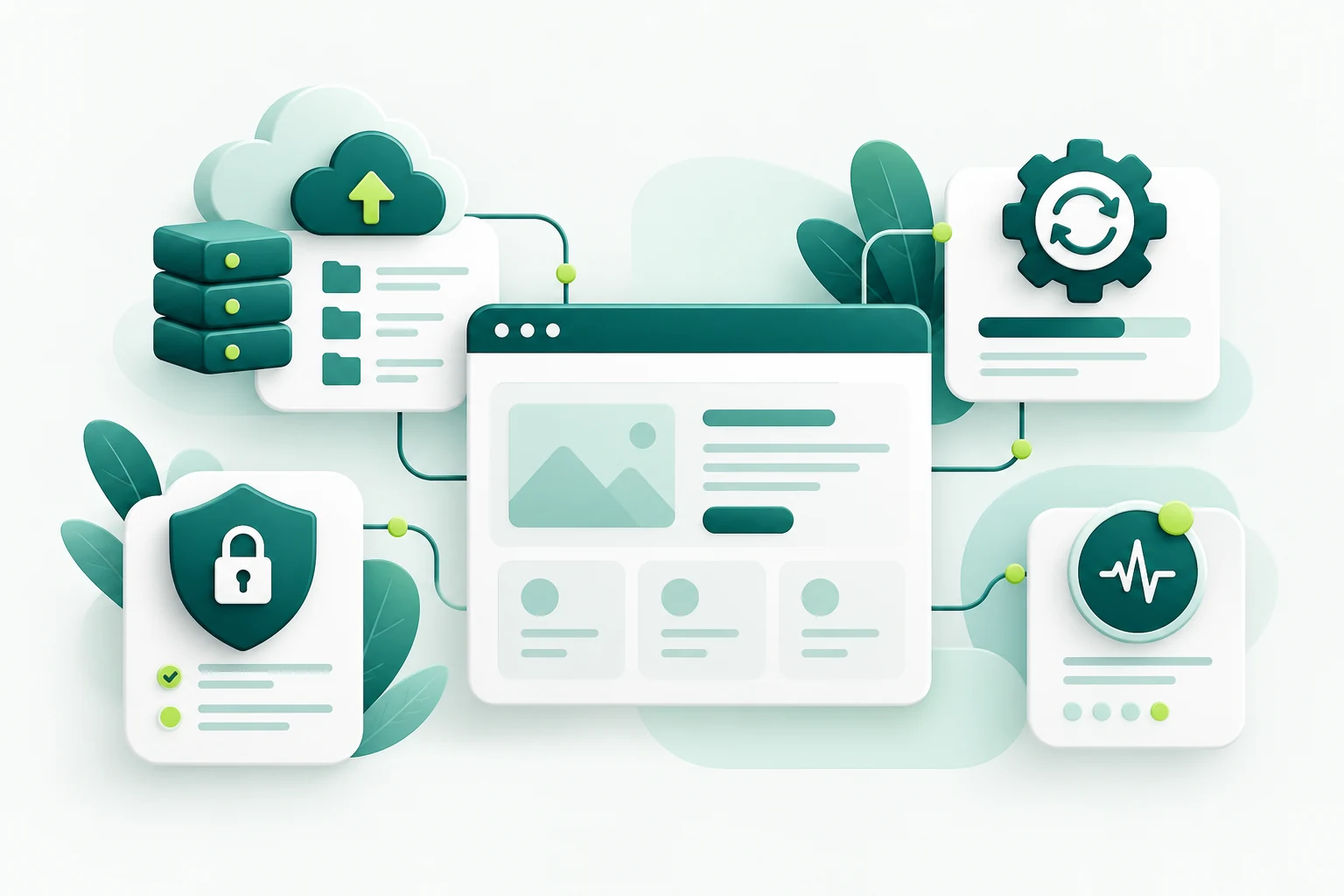 a white site health dashboard with backup storage stack, update progress, security shield and uptime status, organized around a stable website card