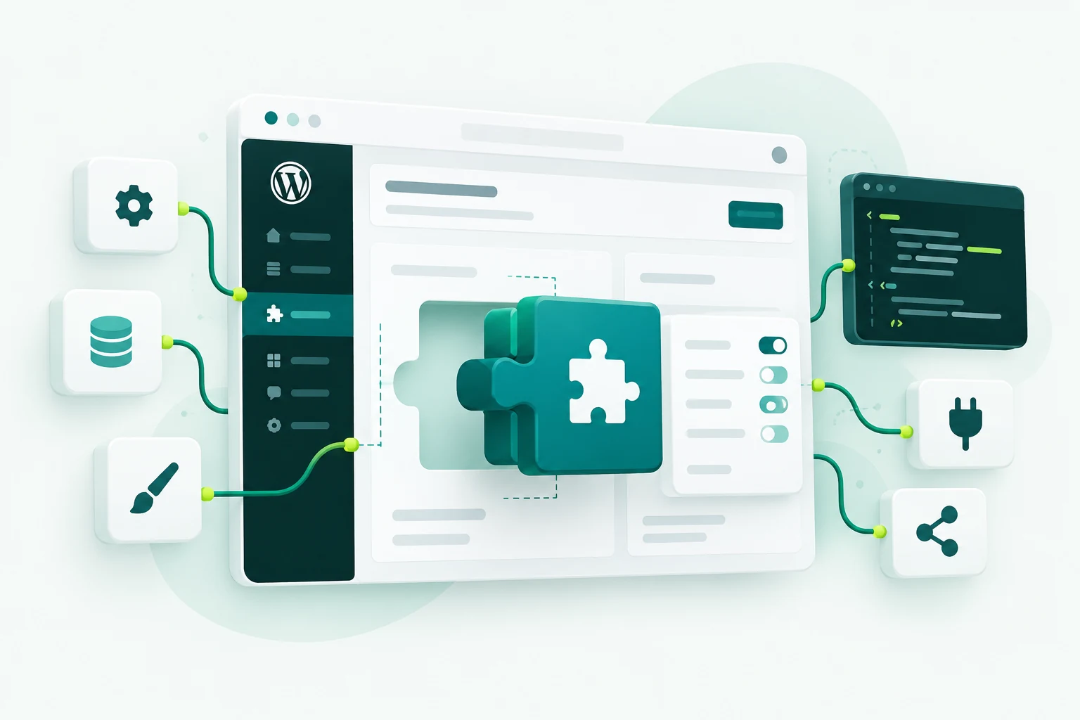 a white WordPress-style admin interface with a custom plugin module being fitted into it, interlocking teal modular blocks, small code window, switches and extension connections